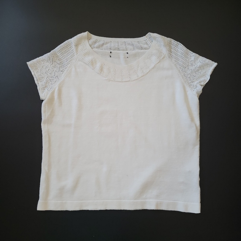 Kasper Vintage Pointelle Knit Cap Sleeve Sweater White Linen Blend Cottagecore